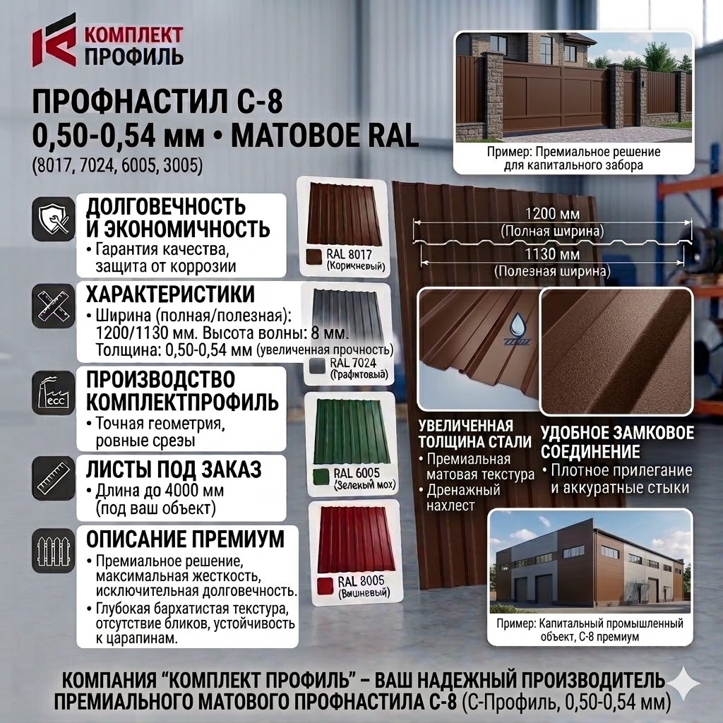 Профнастил С-8 0,50мм Матовый RAL 8017