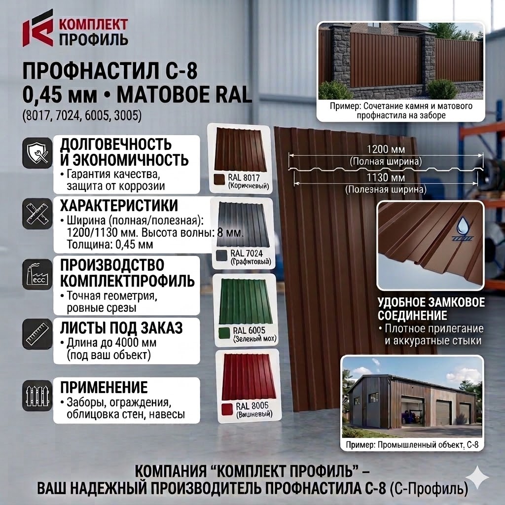 Профнастил С-8 0,45мм Матовый RAL 7024